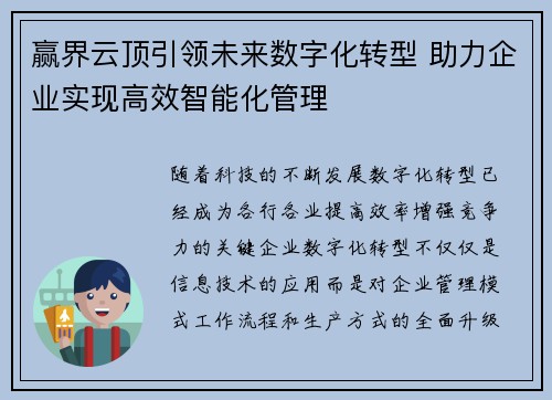 赢界云顶引领未来数字化转型 助力企业实现高效智能化管理